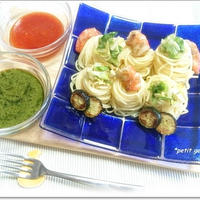 ジェノベーゼ＆チリソースでつけパスタ♪