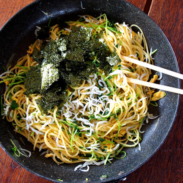 和風スパならこんなのが好き！「豆苗としらすののりたまスパゲティ」