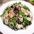 ひじきと菜の花の蕎麦ペペロンチーノ、満開ユキヤナギ