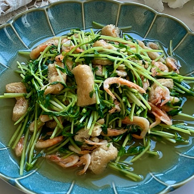 豆苗と桜エビ　油揚げの煮浸し