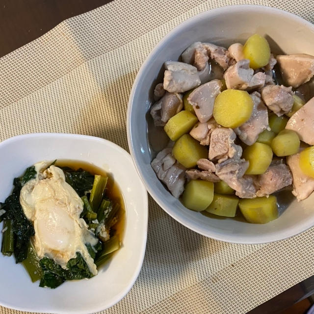 鶏肉とさつま芋のうま煮♪ 小松菜の落とし卵煮♪