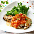 ○○で焼く！鱈のにんにくトマトソース添えとペペロンチーノのご飯。