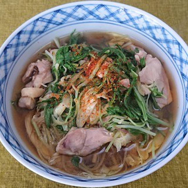 豚肉と舞茸と水菜と白ネギの温かいそば