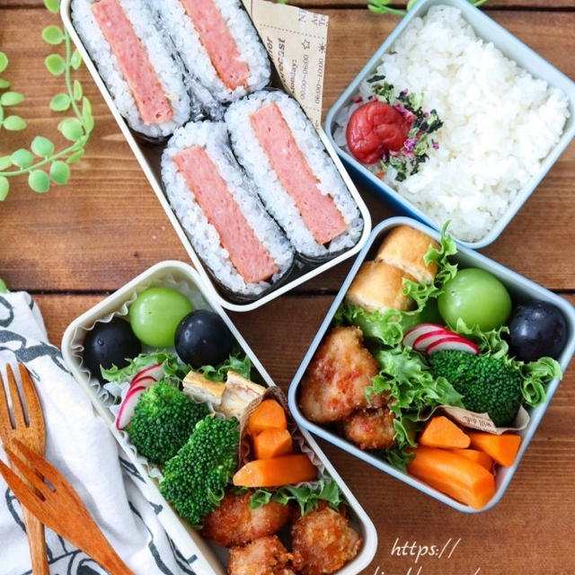 スパムおにぎりと唐揚げの遠足弁当【本日のお弁当】＊ハガキのお返事