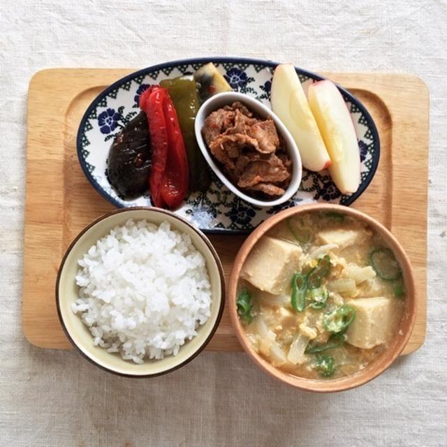 7月28日の朝ごはん。調理時間9分。揚げびたしとかきたまみそ汁。