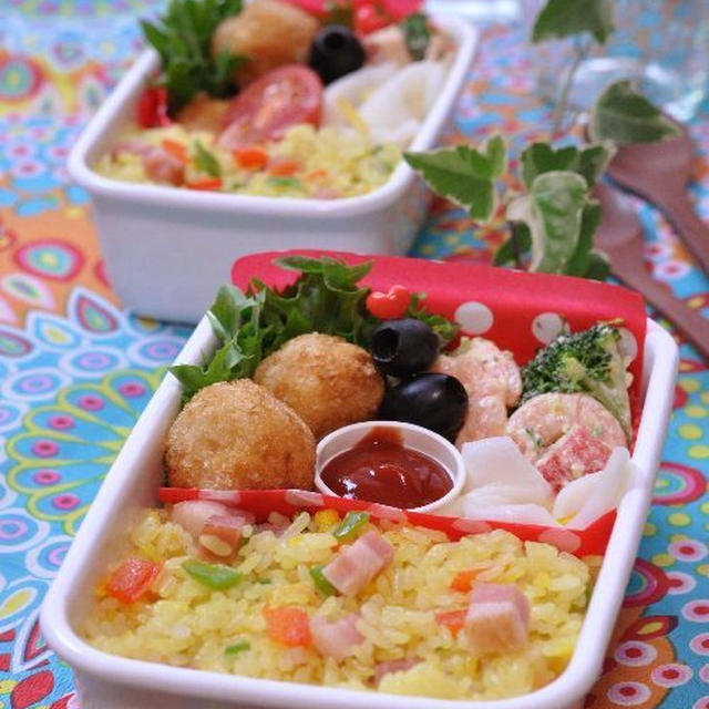 小春ちゃんのフライドマッシュポテトとサフランライスで炒飯のお弁当