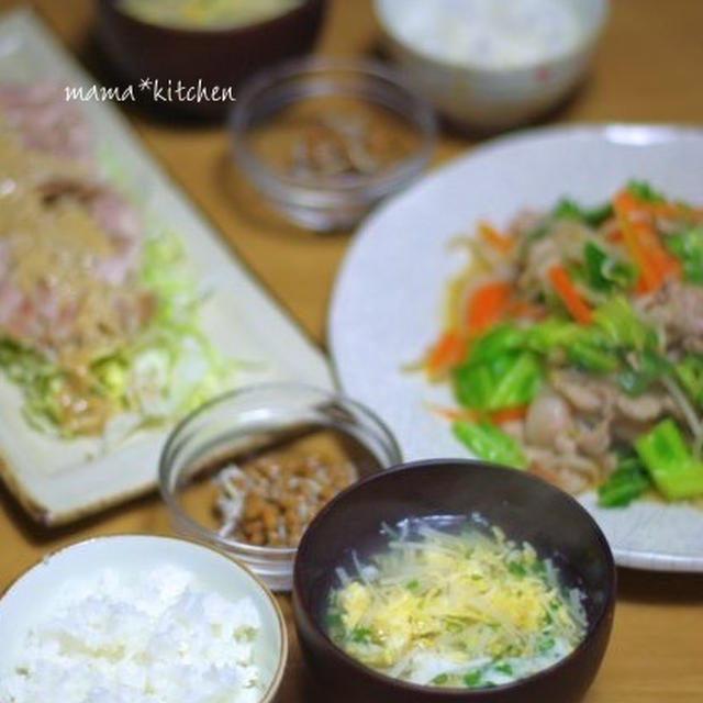 春キャベツと豚肉の炒め物と、蒸し鶏。