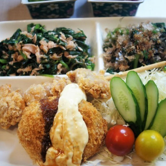 ■簡単手抜きでランチ【コンビニおかず＋野菜のお浸しなど】