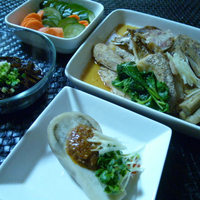 真鯛のかぶと煮とダシで食べるもずくの献立　夕ご飯