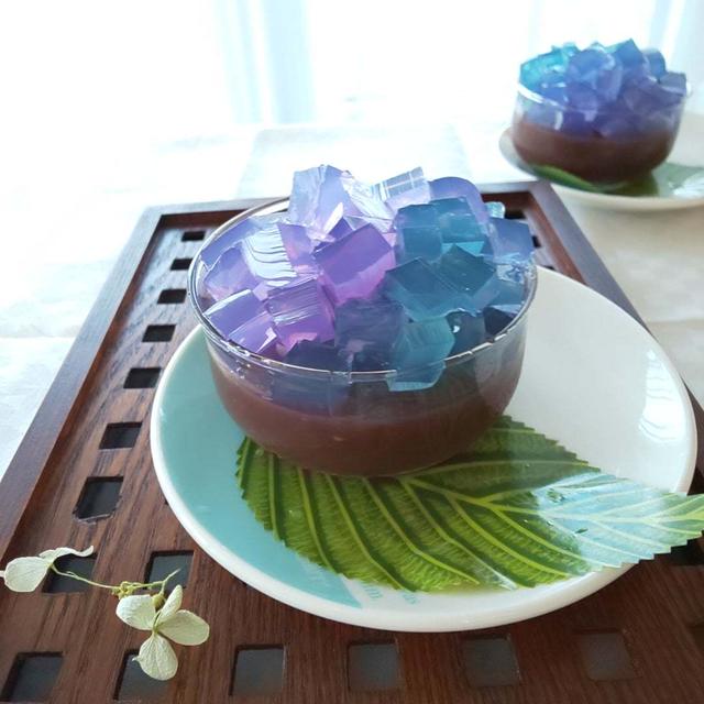 【お菓子作り】レシピリンクあります　水羊羹の紫陽花寒天添え