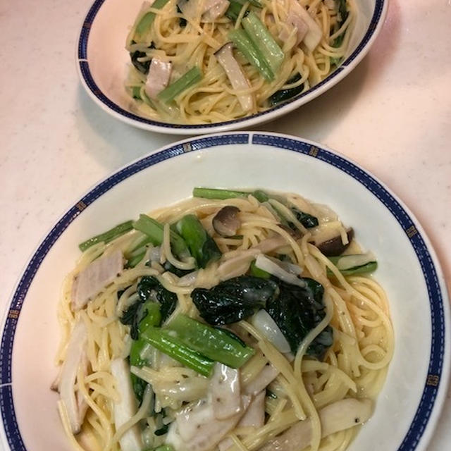 濃い味♪タアサイとエリンギのクリームパスタ♡癒しのぜんざい
