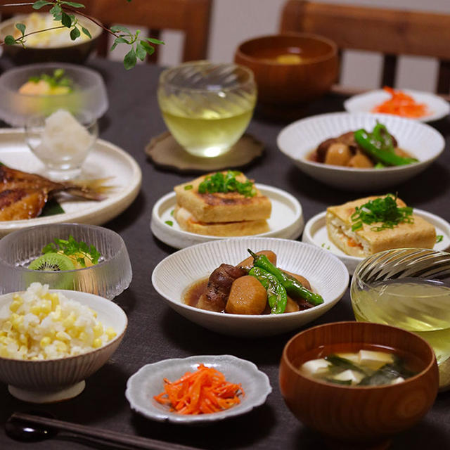 【献立】とうもろこしご飯と、あじみりんの開きと、里芋と豚肉の角煮風など。～開会式！～