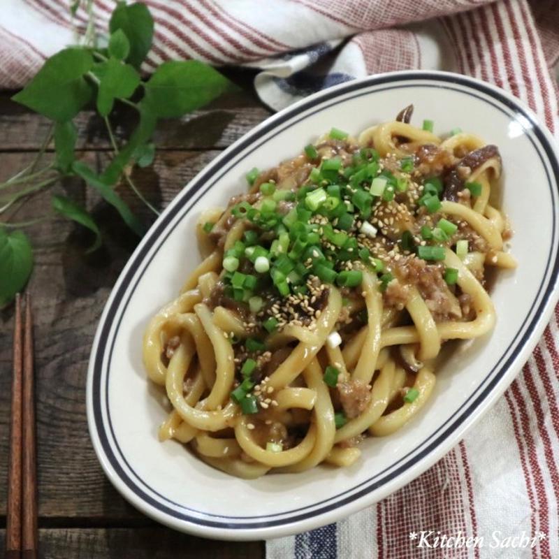 レンジで簡単!豚ひき肉としいたけうどん♡【#簡単レシピ#レンジ】