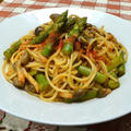 「１日分の野菜」で簡単、うま〜！な、ソース、アスパラとしめじのスパゲティ。