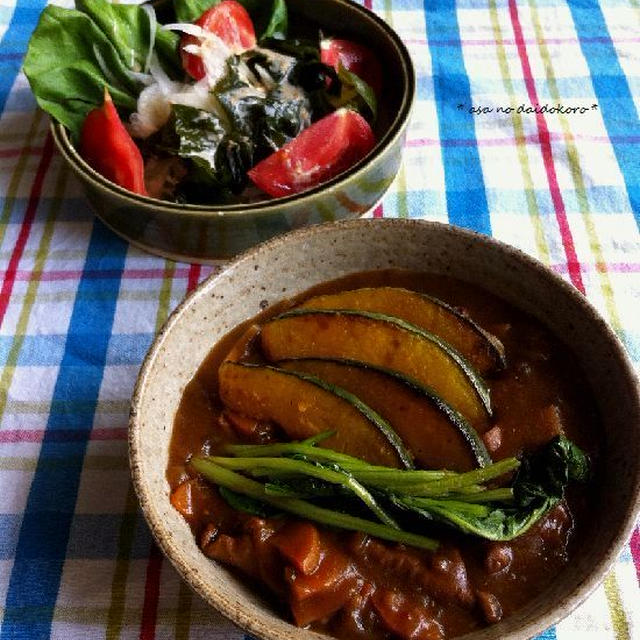 豚モツカレーとワカメサラダの朝ごはん