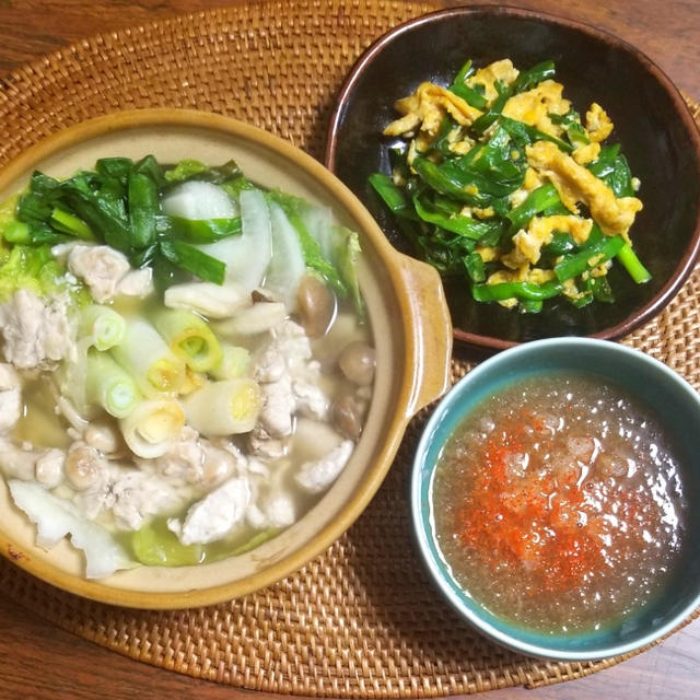 秋鮭の白子鍋とニラ玉