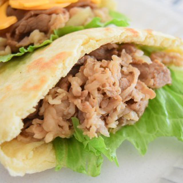 牛ピタサンド♪吉野家冷凍牛丼の具。挟まれたネコ。