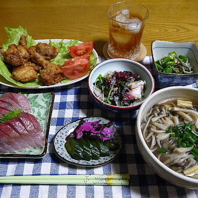 【夕食】きのこそば・鶏天・つばすのお造り…