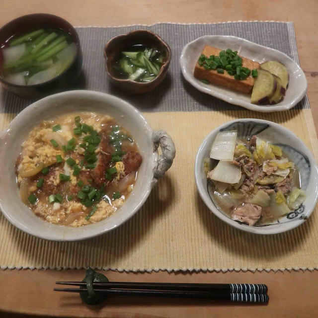 カツとじと鯖缶と白菜煮の晩ご飯と　蝋梅の花♪