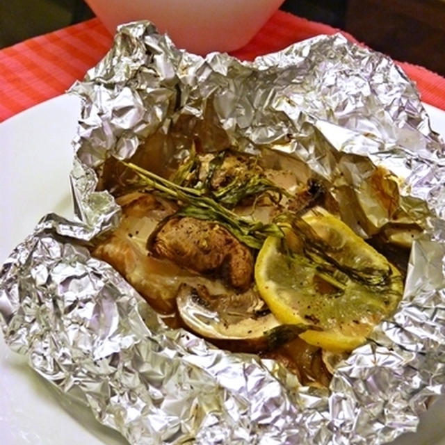 サーモンのホイル焼きとセロリリゾット