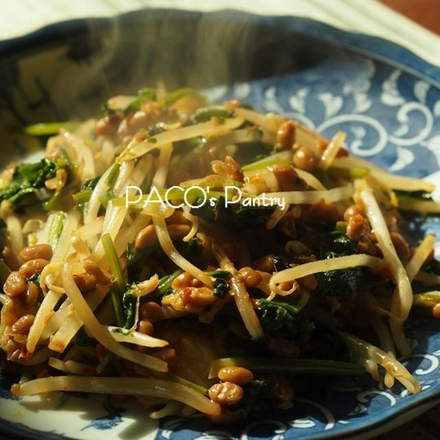 追いがつおつゆで、納豆野菜炒め