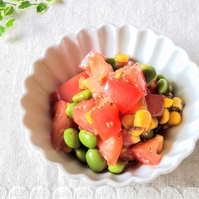【腸から肌を整える】『トマトと枝豆のチアにんにく醤油』愛媛県産のトマトを使った美肌レシピ