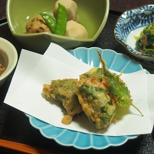 ハム巻き鱈の米粉揚げ　　九条ねぎとツナの醤油和え　　ひろうすと里芋の炊いたん