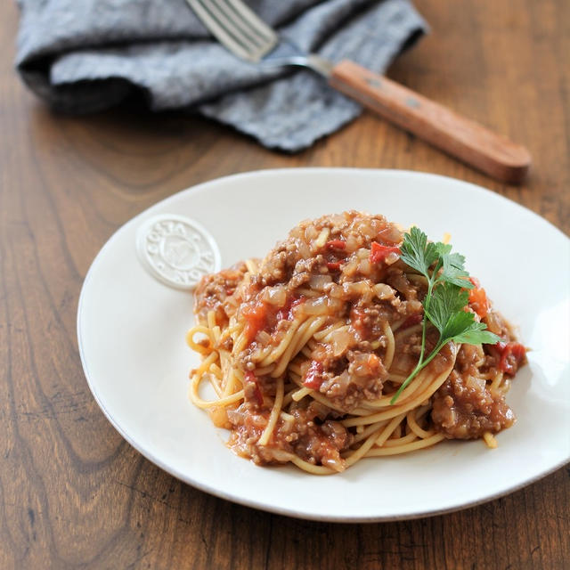 レンチンレシピ第３弾。ミートソースパスタ