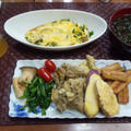 【献立】ゴボウの唐揚げ、野菜天ぷら、ほうれん草とエリンギのバターソテー、ニラ入り納豆オムレツ