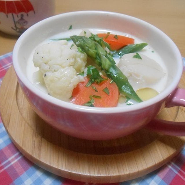 缶汁がお味の決め手☆帆立の豆乳スープ