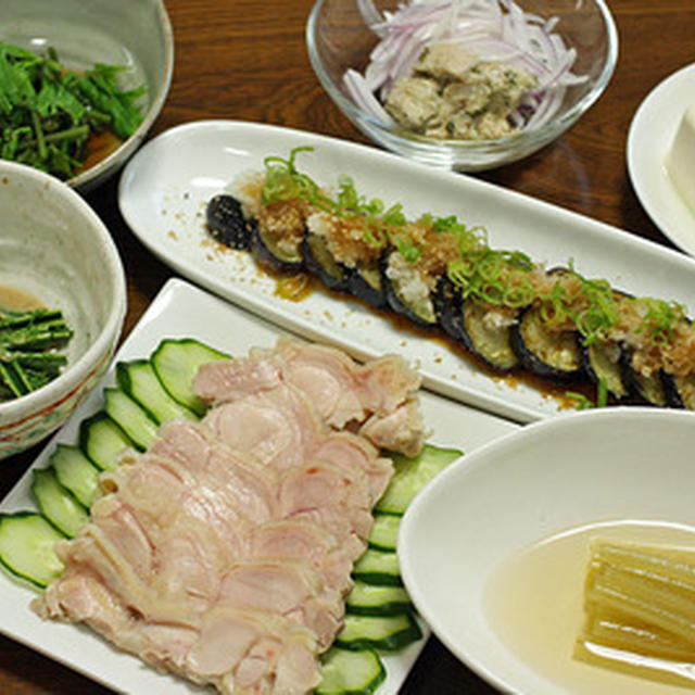 蒸し鶏と山菜のお浸し