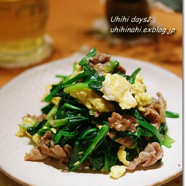 【　ほうれん草と豚肉のふんわりたまご炒め　】