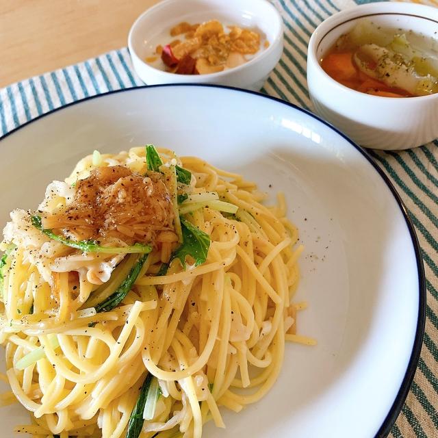 ５分で完成！フライパン一つで生パスタ風【なめ茸と切り干し大根のパスタ】