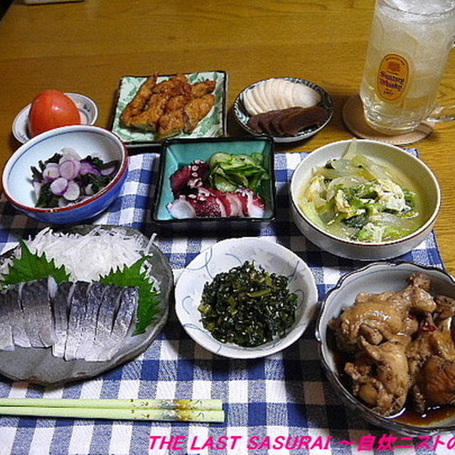 【晩酌】鶏手羽元煮物・きずし・青梗菜と玉ねぎのたまごとじ…