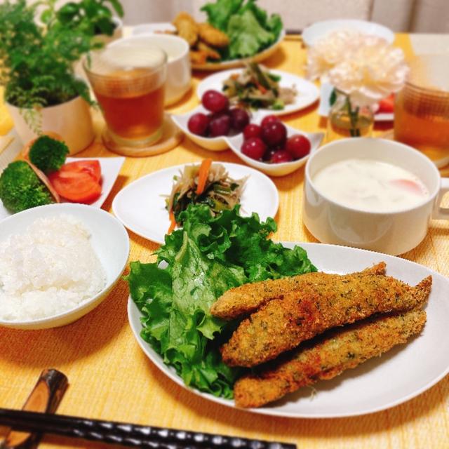 ししゃもフライとブロッコリーの花束の夕ご飯