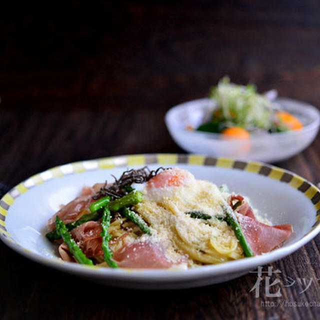「アスパラ卵生ハムチーズ塩昆布」