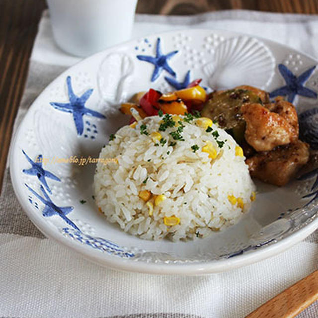 炊飯器で簡単ぷちぷちコーンとしらすのピラフの朝ご飯プレート♪