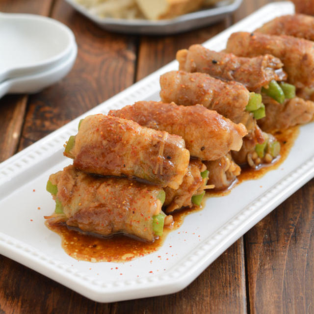 スタミナ豚巻き（えのき＆いんげん）。【焼き肉のたれ+酢・お弁当の定番味付け】