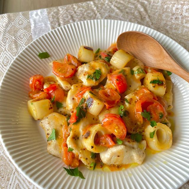 鶏むね肉と白ネギのさっぱりレモンマスタードソースがけ 