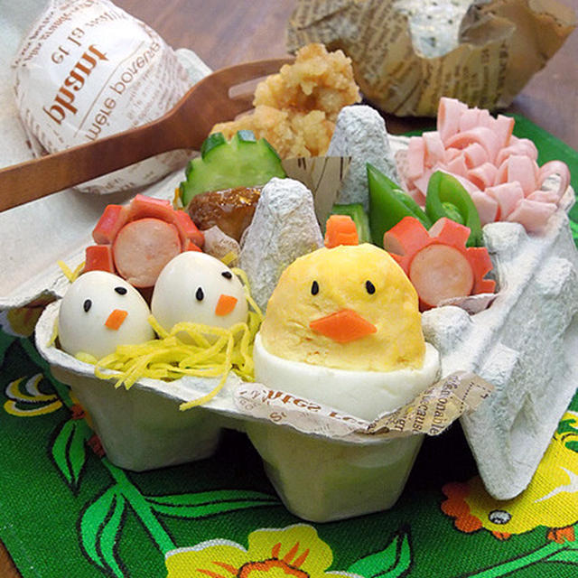 たまごのパックでヒヨコ弁当。イースターにも☆
