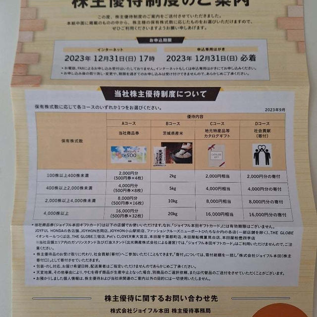 株主優待到着　ジョイフル本田
