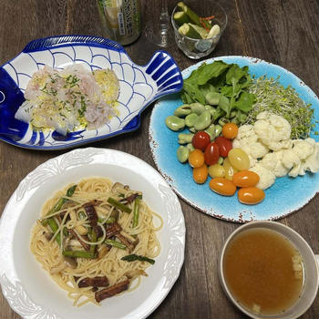 松川鰈カルパッチョ グリンアスパラしめじベーコンのペペロンチー二スパゲティ