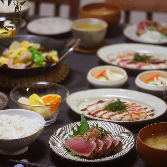 【献立】炙りまぐろと、お好み焼き風紅生姜天と、海老ときくらげのふんわりたまご炒めなど。～年末進行！年末進行！～