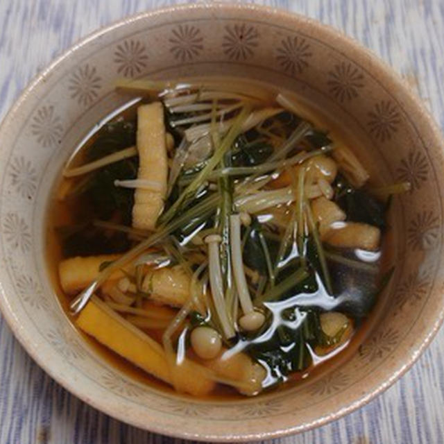 水菜とエノキダケと油揚げのめんつゆ煮