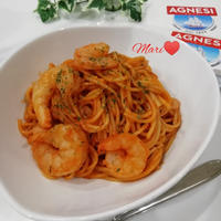 《レシピ有》ピエトロ AGNESI(アネージ) スパゲティでむきえびのトマトクリームパスタ、ソフ
