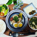 鶏と卵の梅煮、と、菊菜と崩し豆腐のトロトロスープ