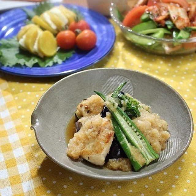 茄子とオクラと鶏肉の卸し揚げひたし♪　大惨事！