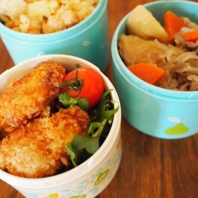 いつかのとんかつと肉じゃがと混ぜご飯お弁当