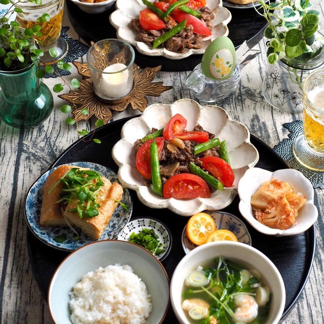 牛肉とトマトの炒めもの♪一汁三菜ごはん