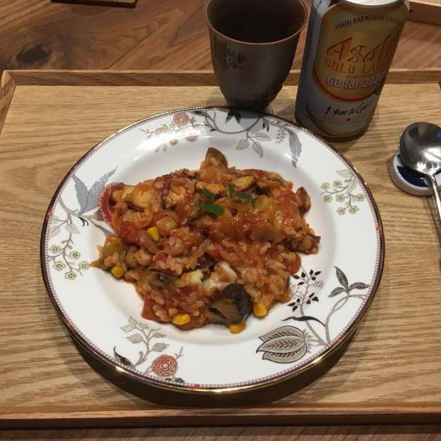 【献立】タコと茄子のトマトドリア、ビール